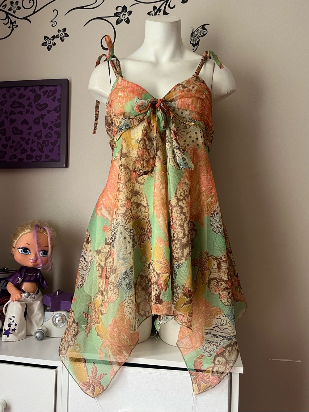 Passport Paisley Tie-Shoulder Handkerchief Dress in Mint Green and Peach